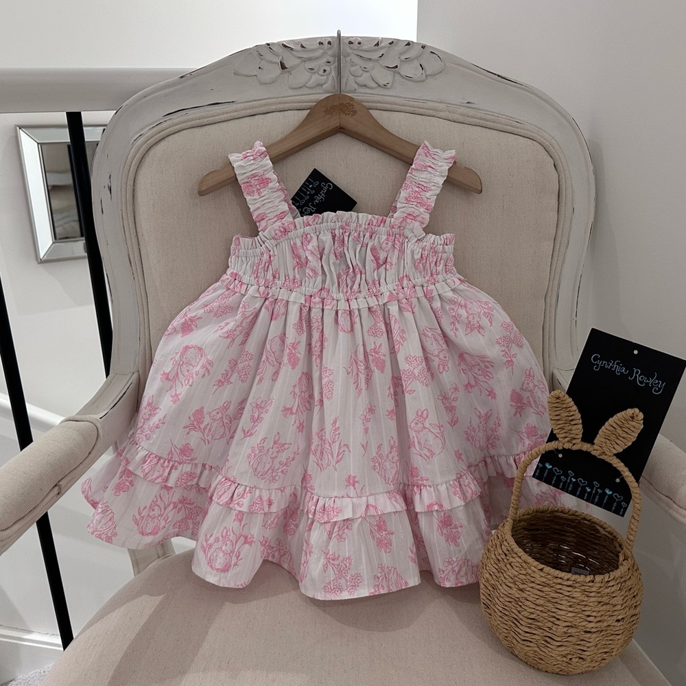 🐇 24 Mth Pink Floral Toile Ruffle Easter Baby Dress With Rattan Basket NWT